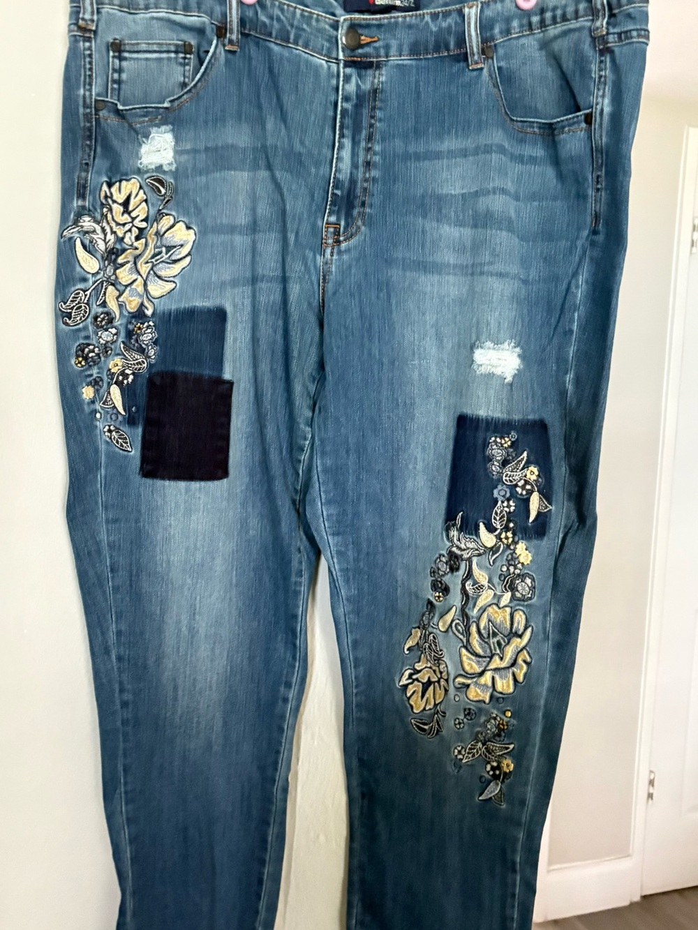 Denim 24/7 Plus Size Blue Straight Leg Jeans with Yellow/Blue Floral Embroidery